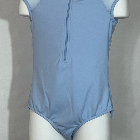 Bloch girls' leotard pastel blue 8-10 zip front cap sleeve sheer embroidery back - Picture 7 of 7